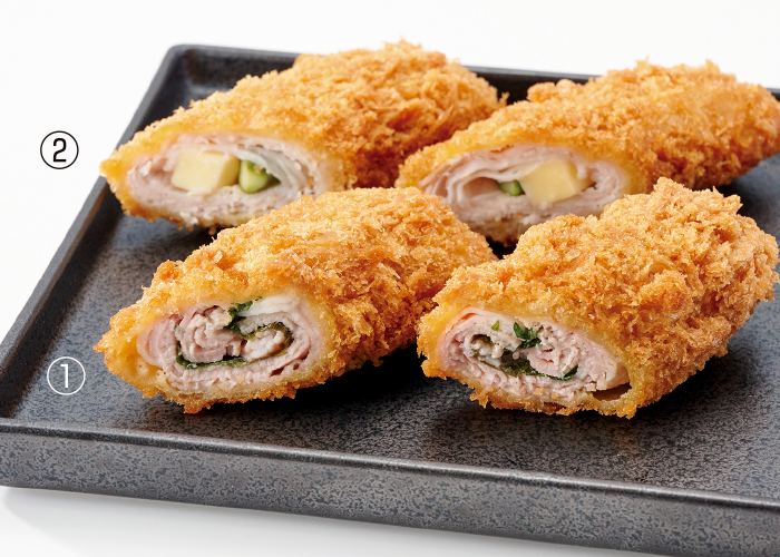 ①梅と大葉の豚肉巻<br>②アスパラチーズの豚肉巻(各1本)<span>各日各<span>16</span>本限り</span>