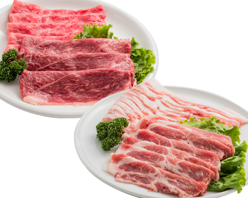 〈精肉あづま〉 精肉お楽しみ袋<br>(国産牛肩・モモうす切り・国産豚肩ロース・バラうす切り)各150g