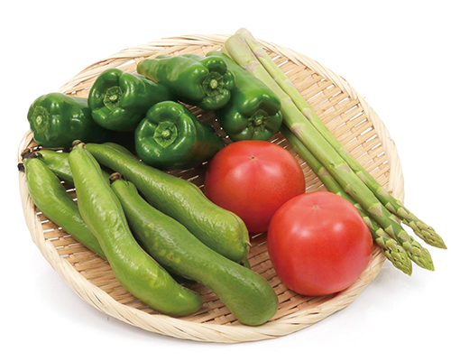 〈林フルーツ〉 野菜お楽しみ袋（そら豆1袋、ピーマン1袋、アスパラ1束、トマト2個）