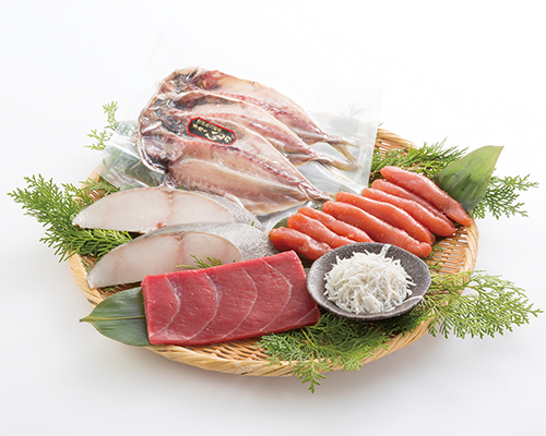 〈魚力〉 お魚お楽しみ袋（本まぐろ赤身1柵、銀だら切身2切、あじ開き3枚、たらこ甘口200ｇ、しらす干し100ｇ）
