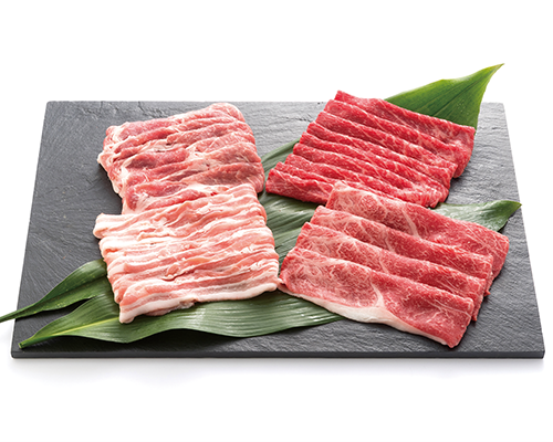 〈精肉あづま〉 精肉お楽しみ袋（国産豚バラうす切り、豚肩ロースうす切り、国産牛モモすき焼き用、牛肩すき焼き用各150ｇ 合計600g